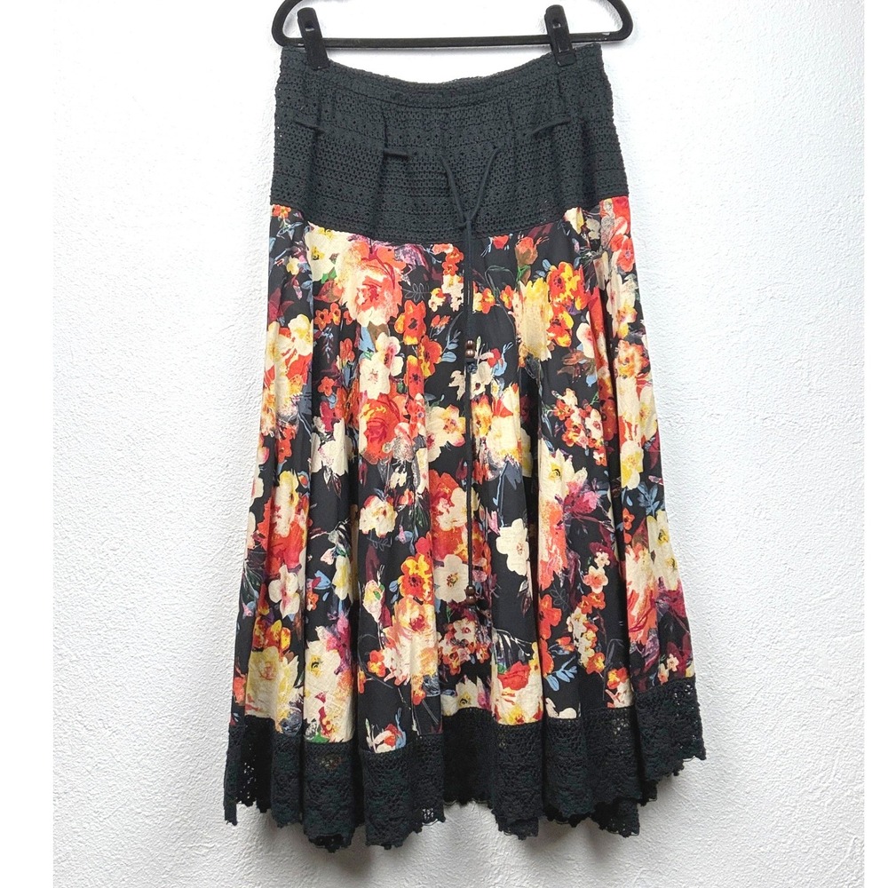 Biographe Black Floral A-Line Skirt - L - Crochet Lace Trim Boho Cottagecore